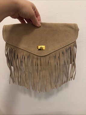 Beige Suede Fringe Clutch